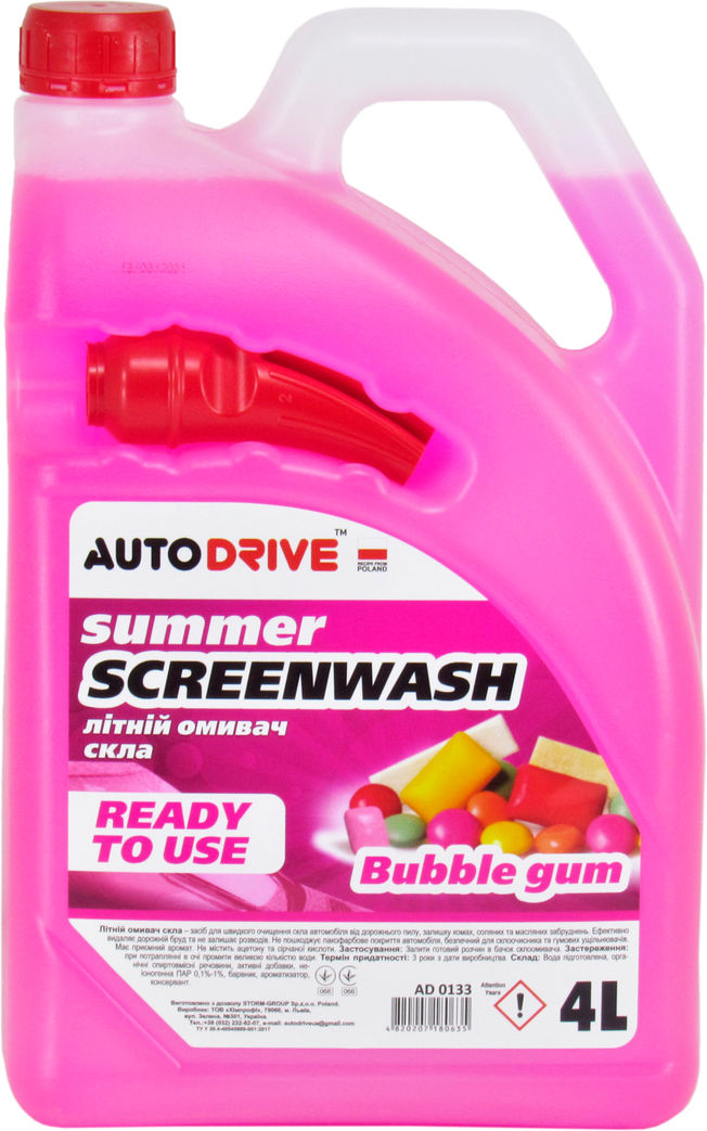 Літній омивач скла AUTO DRIVE SUMMER SCREEN WASH BUBBLE GUM 4L