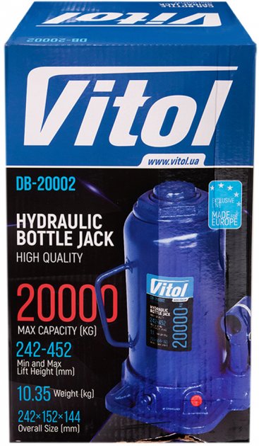 Домкрат гідравлічний пляшковий Vitol 20 т 242-452 мм (ДБ-20002)