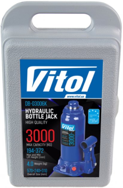 Домкрат гідравлічний пляшковий Vitol 3 т 194-372 мм в кейсі (ДБ-03006К) - Зображення 2