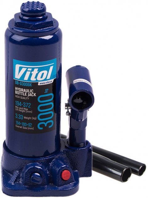 Домкрат гідравлічний пляшковий Vitol 3 т 194-372 мм в кейсі (ДБ-03006К)