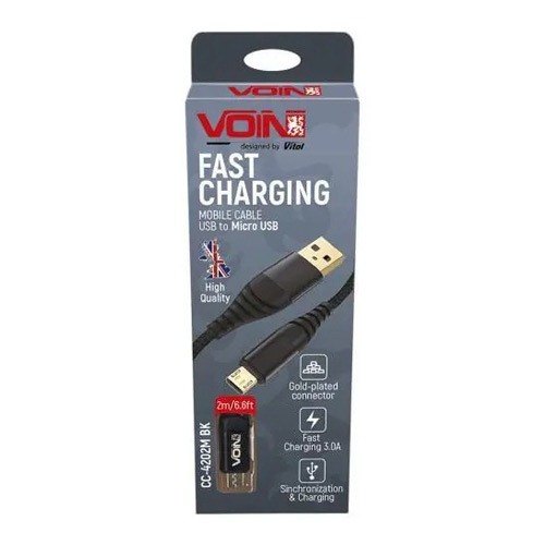 Кабель Voin USB - Micro USB 3А, 2m, black CC-4202M BK - Зображення 2