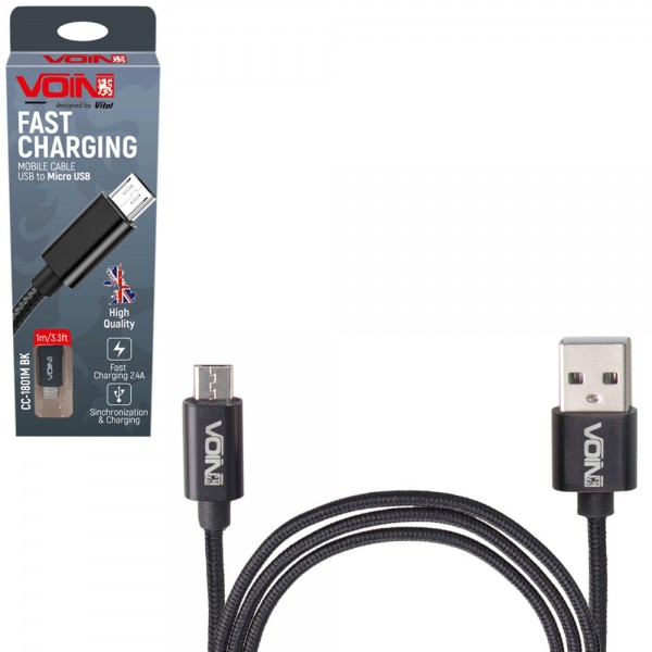 Кабель USB Voin USB - Micro USB 3А 1м black CC-1801M BK