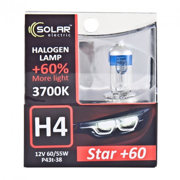 Галогенова лампа Solar H4 12V 60/55W P43t-38 Starlight +60% (1234S2)