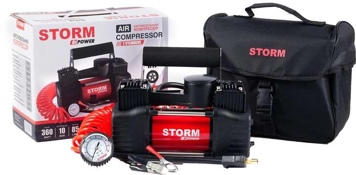 Автокомпресор Storm Bi-Power двопоршневий із затискачами АКБ 10 Атм 85 л/хв 360 Вт (20400)