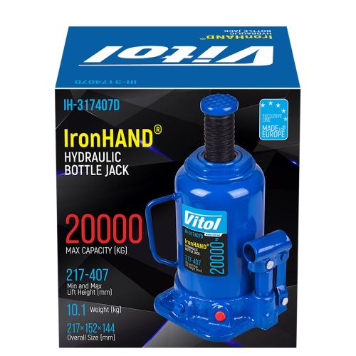 Домкрат гідравлічний 20т. Vitol Висота піднімання 217-407 мм. 10.1кг Iron Hand (IH-317407D) - Зображення 2