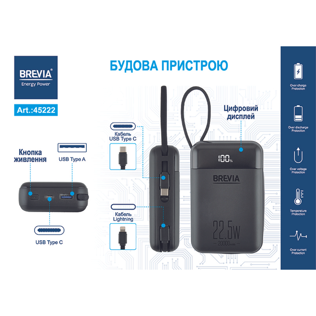 Універсальна мобільна батарея Brevia 20000mAh 22.5W Type-C+Lightning Cable, Li-Pol, LCD - Зображення 11