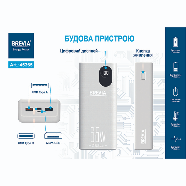 Універсальна мобільна батарея Brevia 30000mAh 65W Li-Pol, LCD - Зображення 10