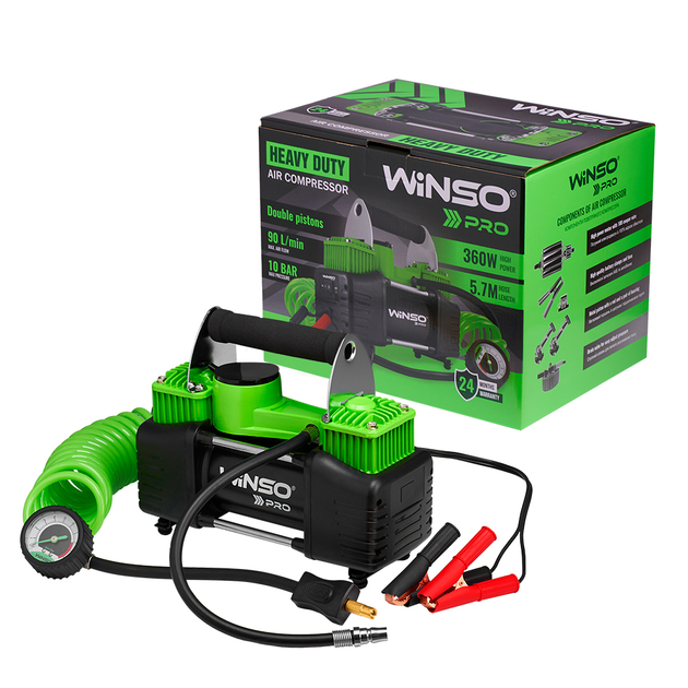Компресор автомобільний Winso Pro Heavy Duty 12В, 10 Атм, 90 л/хв із зажимами АКБ 136000