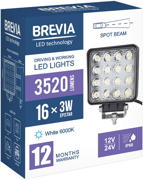Фара світлодіодна Brevia 10-30V, 48W (16x3W), 3520Lm, EPISTAR WHITE, SPOT 1 шт (10652QSX1) - Зображення 2
