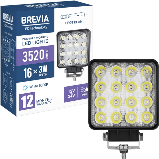 Фара світлодіодна Brevia 10-30V, 48W (16x3W), 3520Lm, EPISTAR WHITE, SPOT 1 шт (10652QSX1)