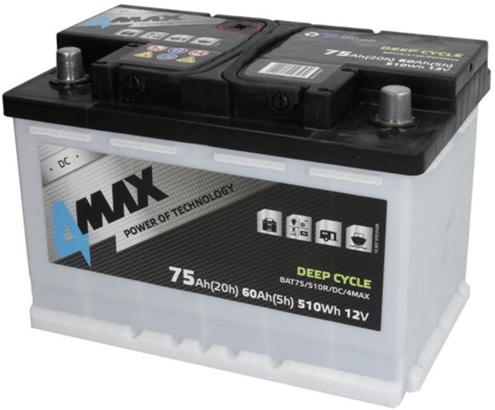 Акумулятор 4Max 12В 75 А·год (EN) Deep-cycle (R+ стандартні клеми) 278x175x190 B13 (BAT75/510R/DC/4MAX)