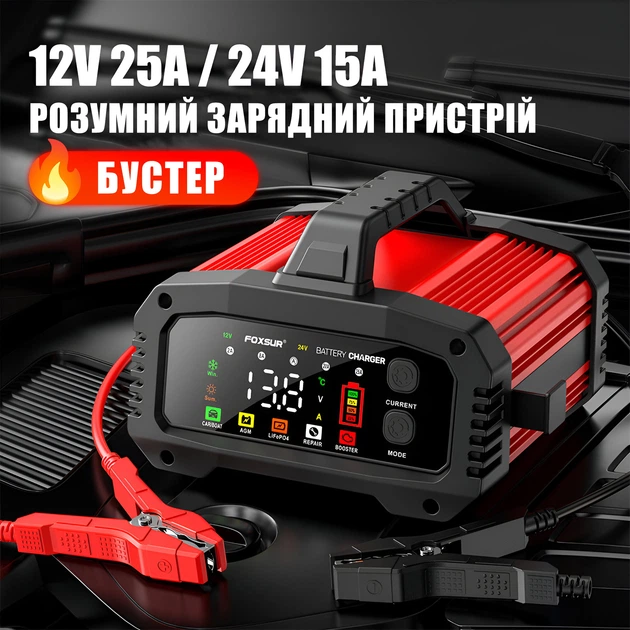 Автомобільний пуско-зарядний пристрій Foxsur FPT-250 12V 25A - 24V 15A імпульсний 8-ступеневий - Зображення 4